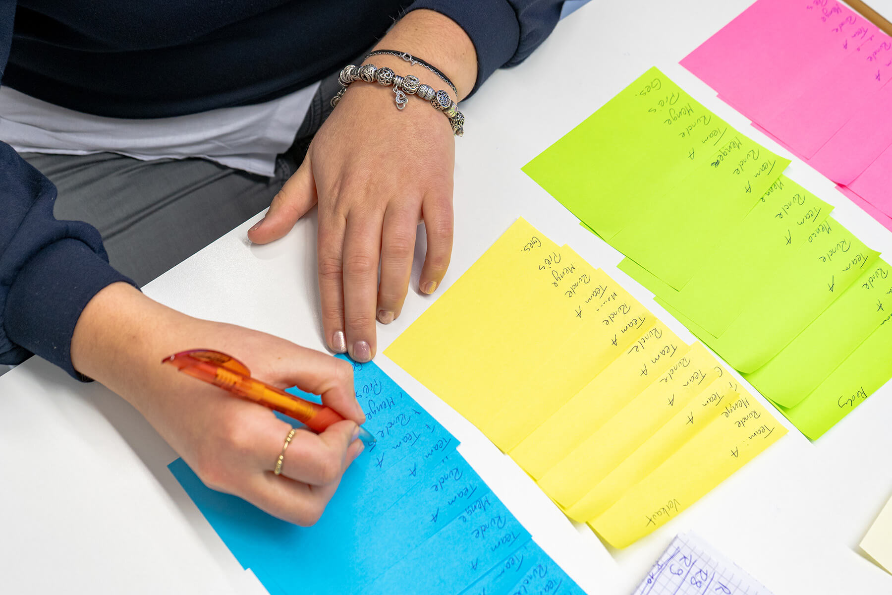 Zwei Hände halten und beschriften Post-Its im Rahmen des Papergame im SAP-Kolloquium