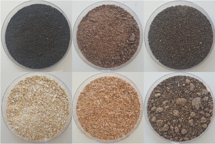 Sechs Dosen mit verschiedenen Inhalten