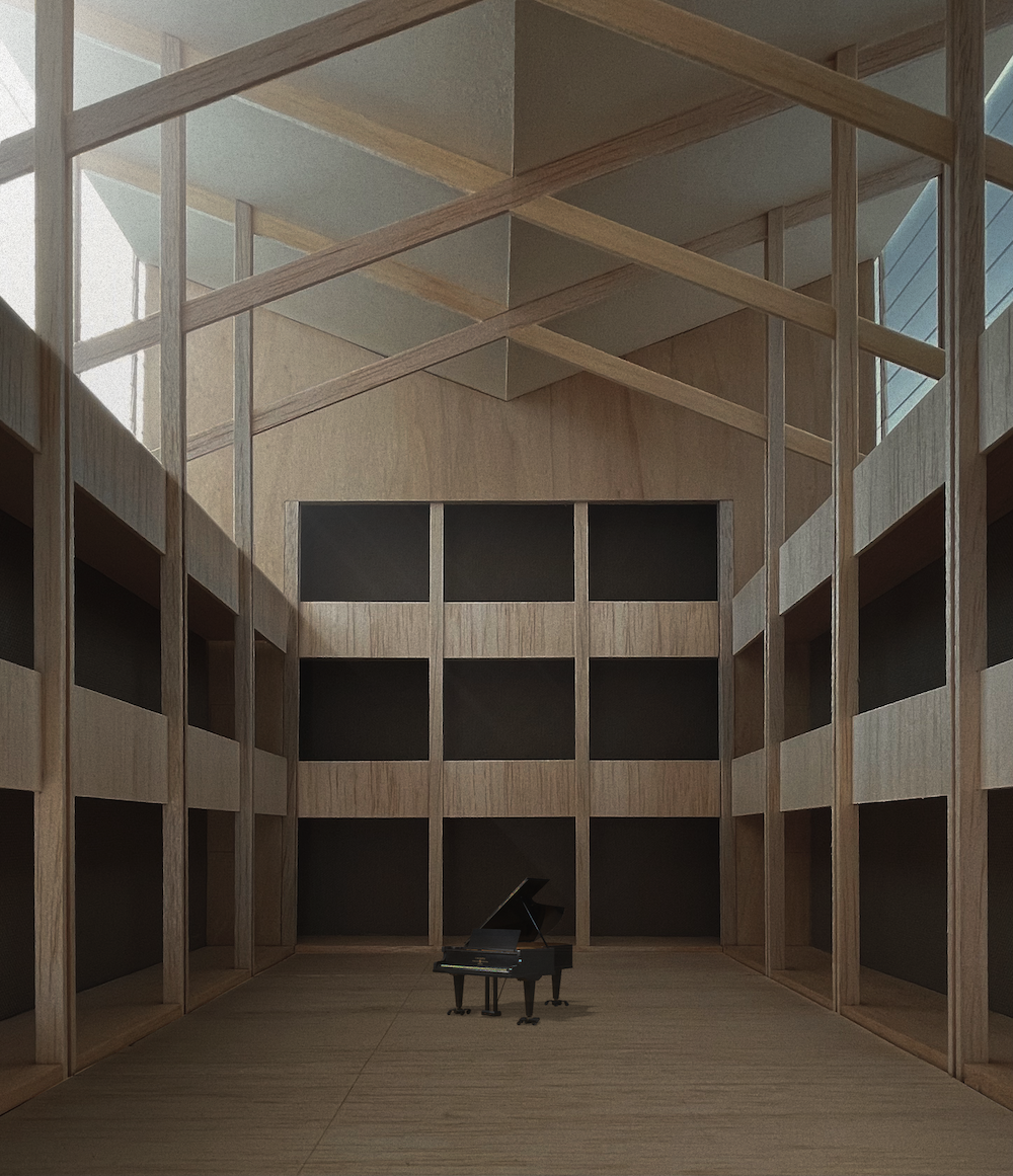 Gebäudeentwurf mit einem Flügel mitten im Raum