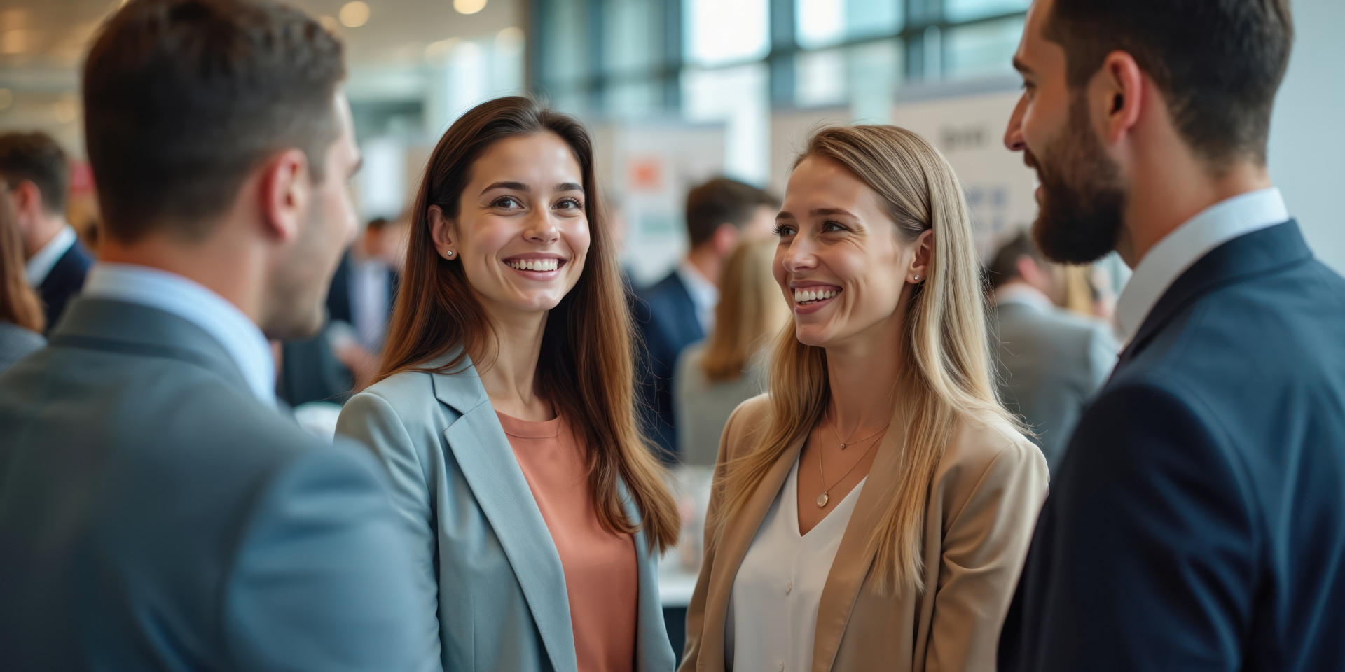 2 lächelnde Frauen, die nebeneinander stehen. Ihnen gegenüber stehen zwei Männer, von denen jedoch nur der Rücken zu erkennen ist.