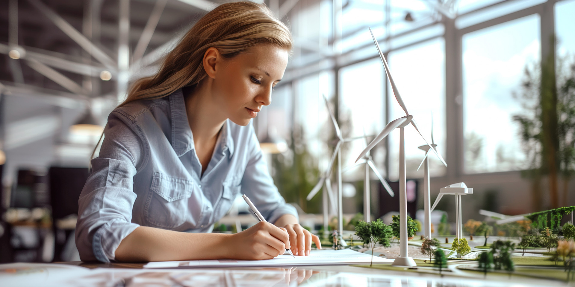 Frau sitzt an einem Schreibtisch, im Hintergrund Miniatur-Windräder