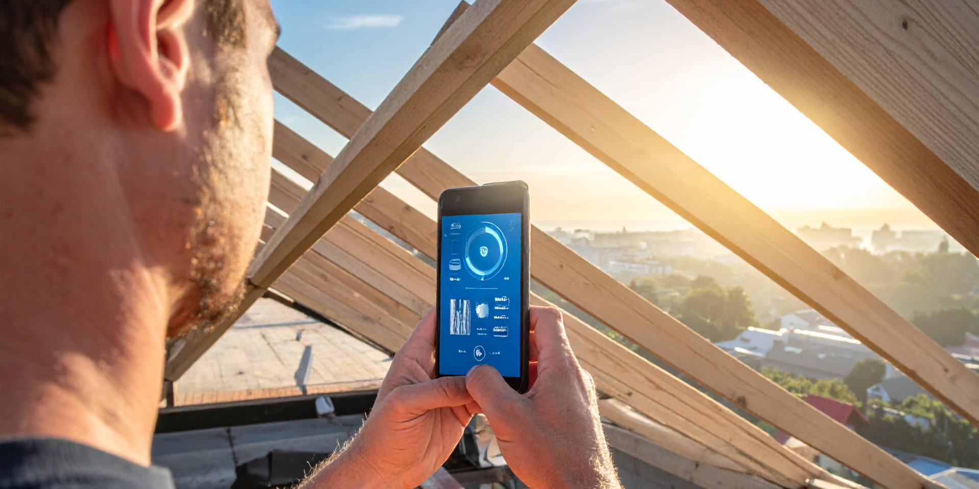 Bauarbeiter hält auf Baustelle Handy in der Hand