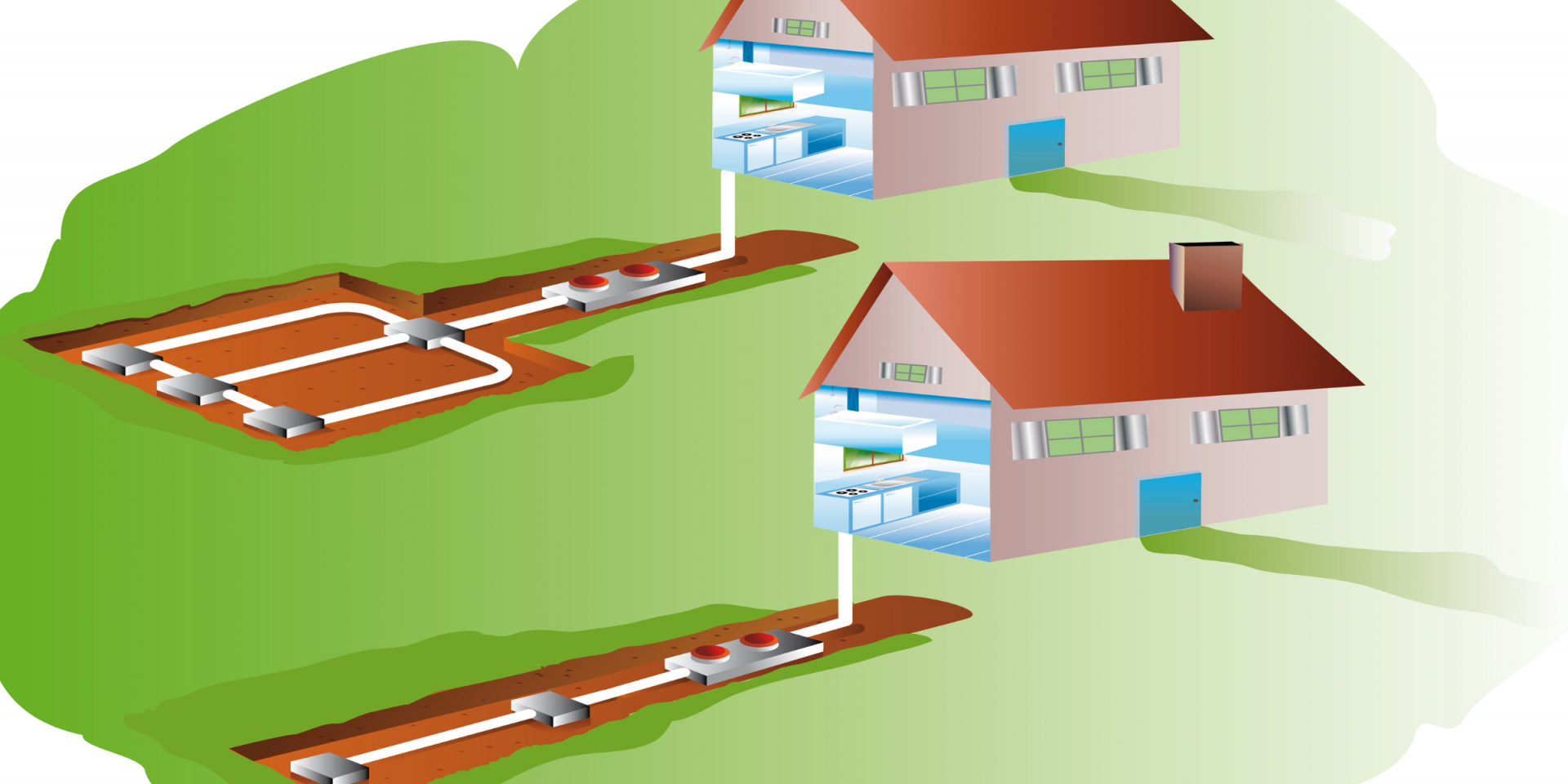 Grafik mit zwei Häusern und einer Erdwärmesone