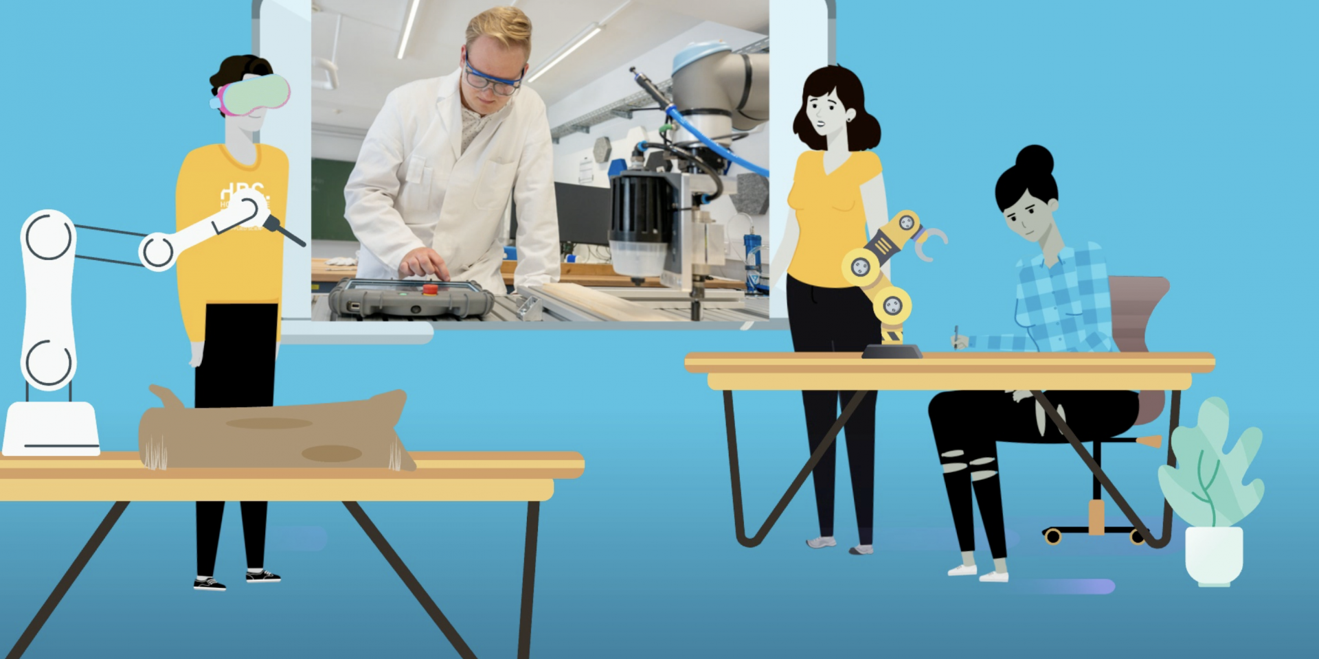 Cartoon mit drei Personen, die in einem Labor sitzen