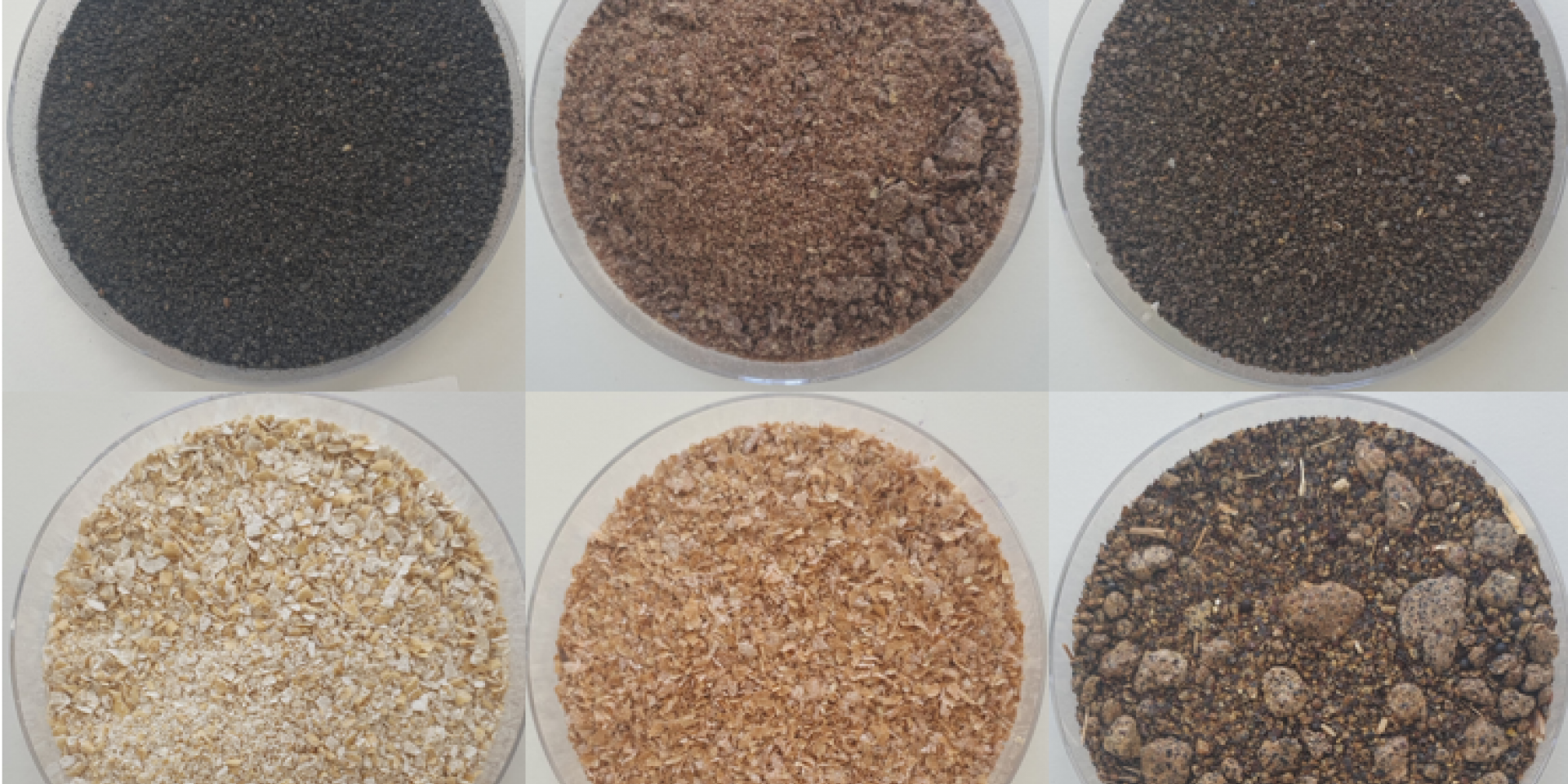 Sechs Dosen mit verschiedenen Inhalten