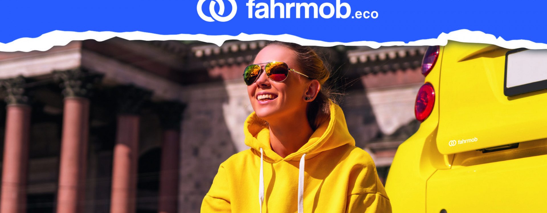 Werbung für Fahrmob: Frau in gelbem Pulli vor gelbem Auto