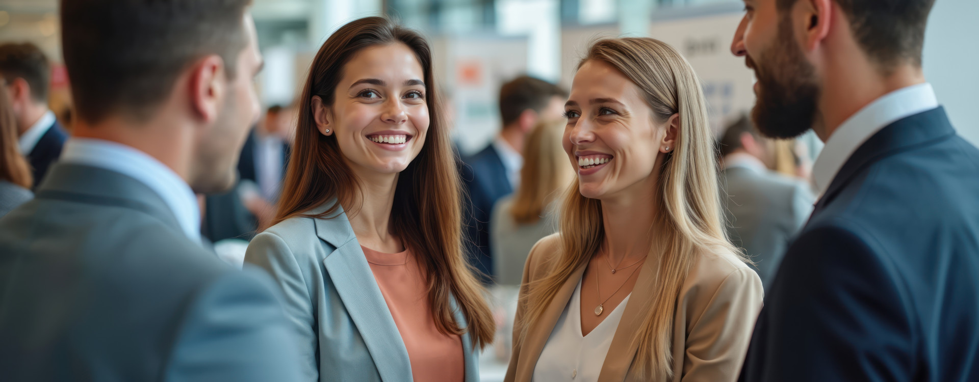2 lächelnde Frauen, die nebeneinander stehen. Ihnen gegenüber stehen zwei Männer, von denen jedoch nur der Rücken zu erkennen ist.