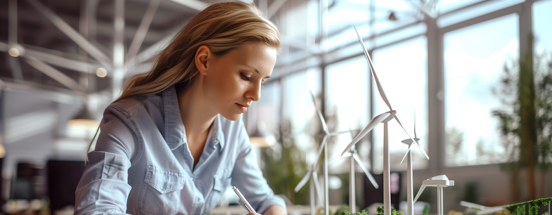 Frau sitzt an einem Schreibtisch, im Hintergrund Miniatur-Windräder