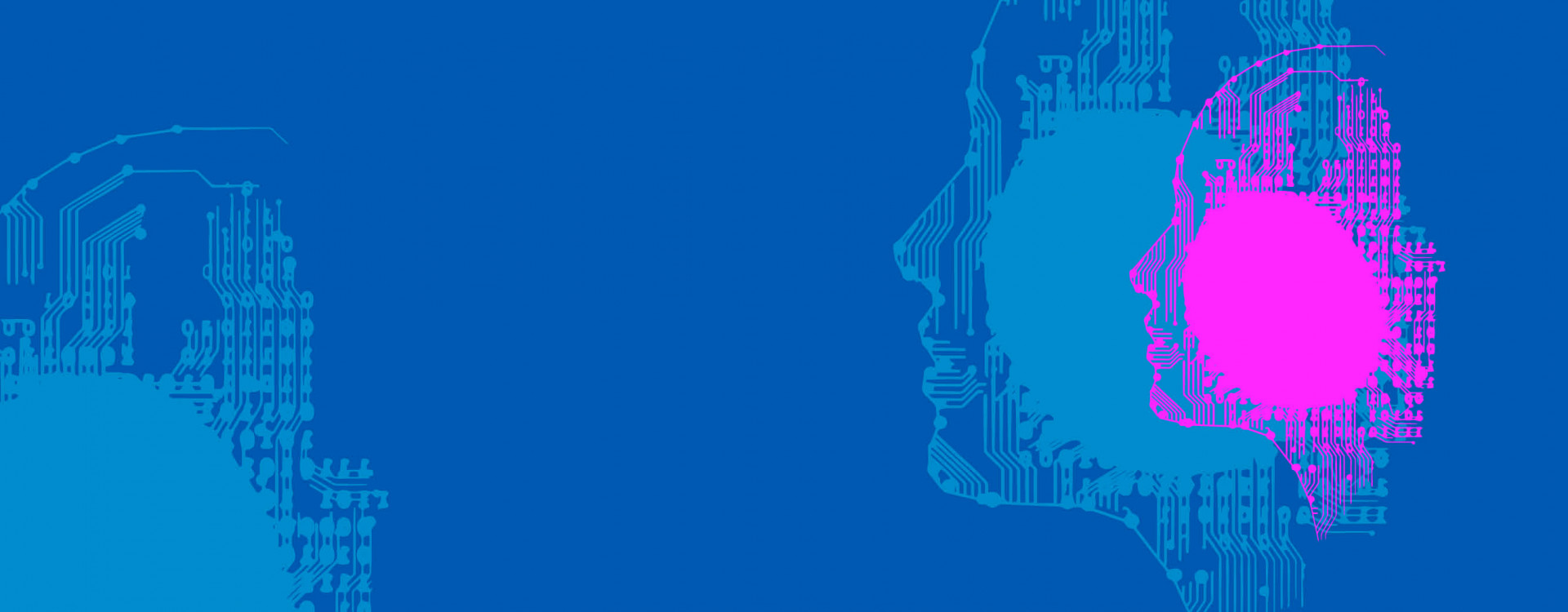 Blauer Hintergrund mit hellblauen und lilalen KI-Köpfe