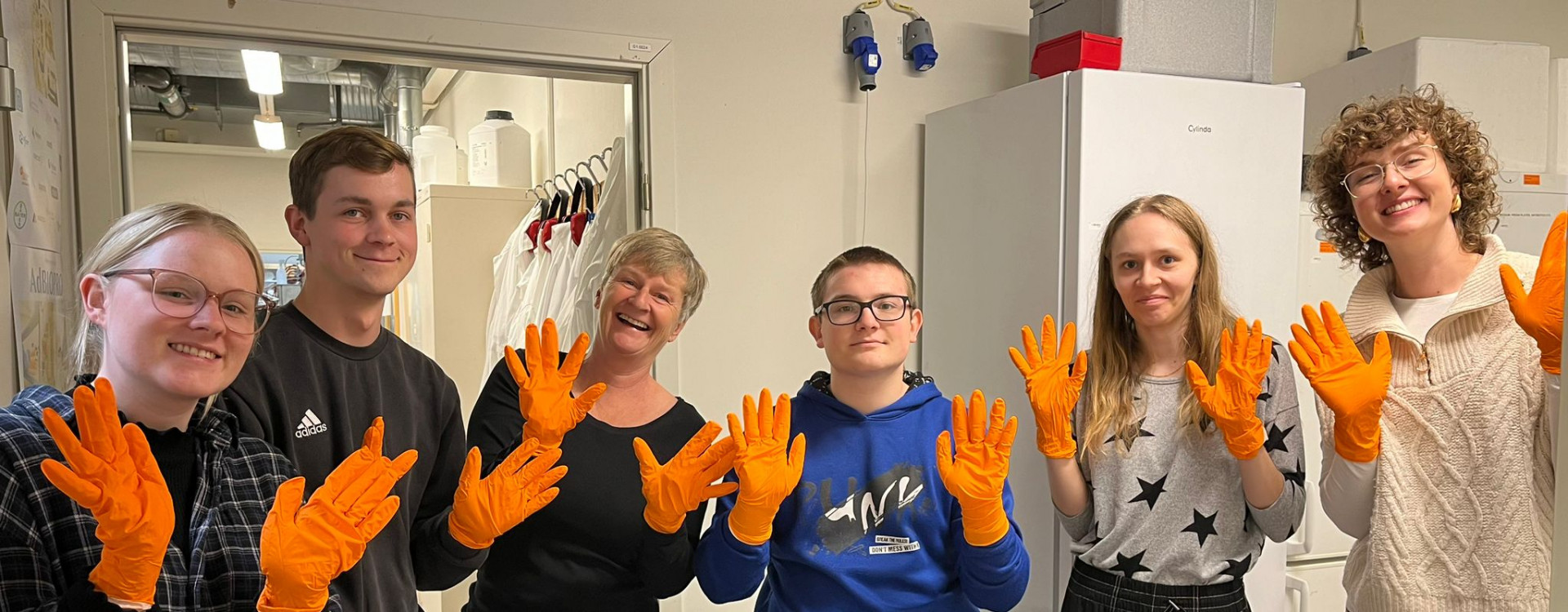 Sechs Personen mit orangen Handschuhen lächeln in die Kamera