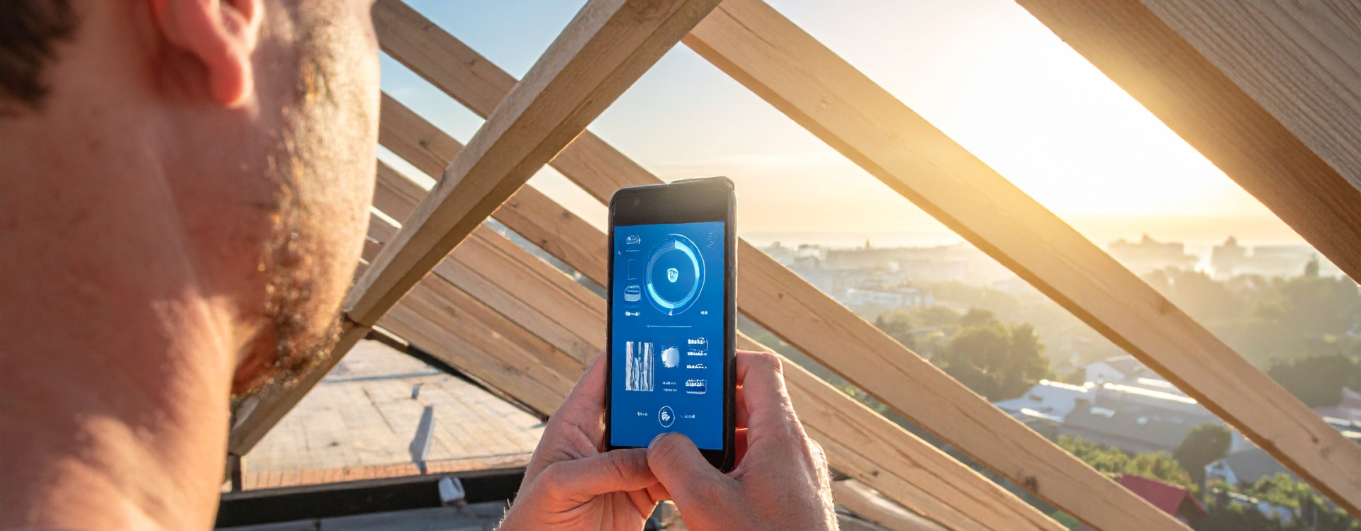 Bauarbeiter hält auf Baustelle Handy in der Hand