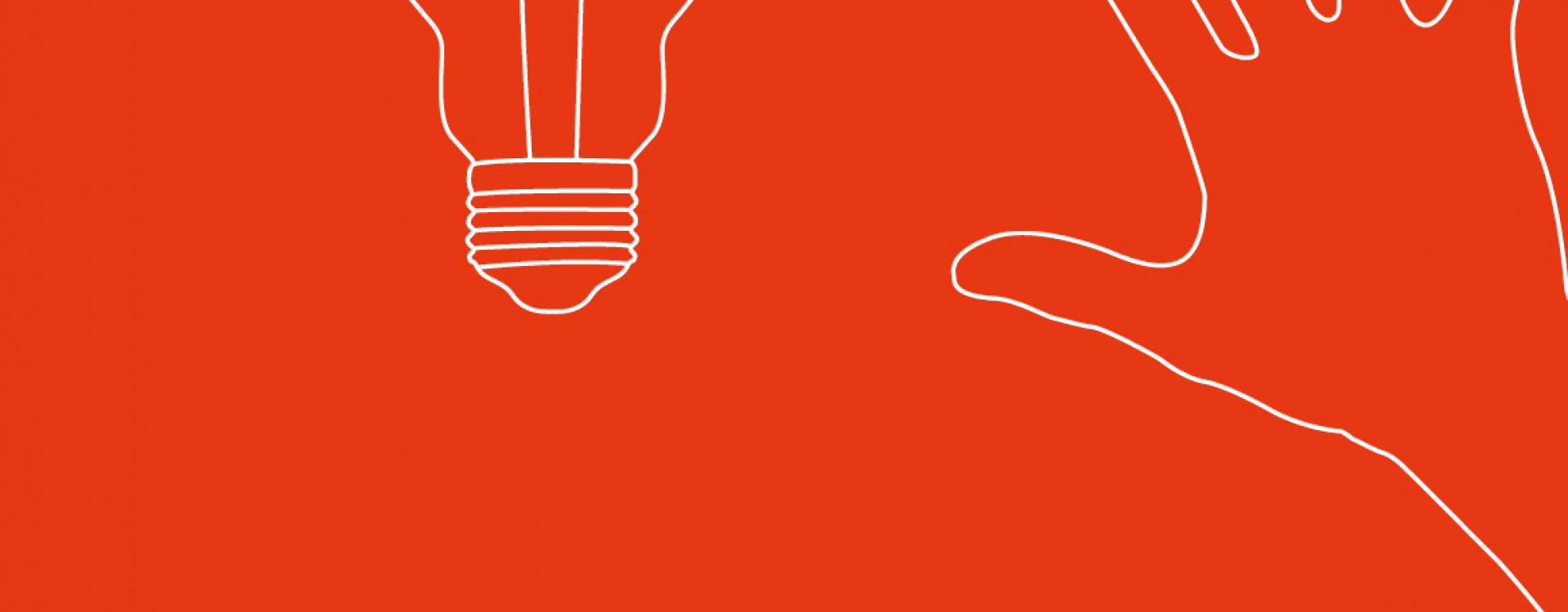 Gezeichnete Hand und Glühbirne auf rotem Hintergrund