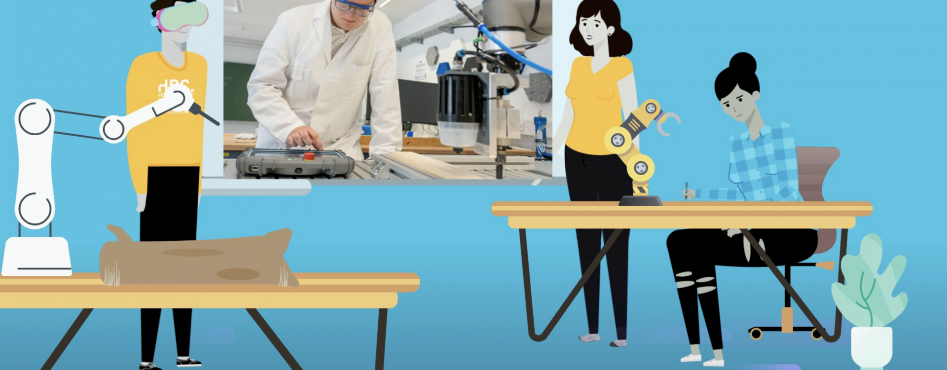 Cartoon mit drei Personen, die in einem Labor sitzen