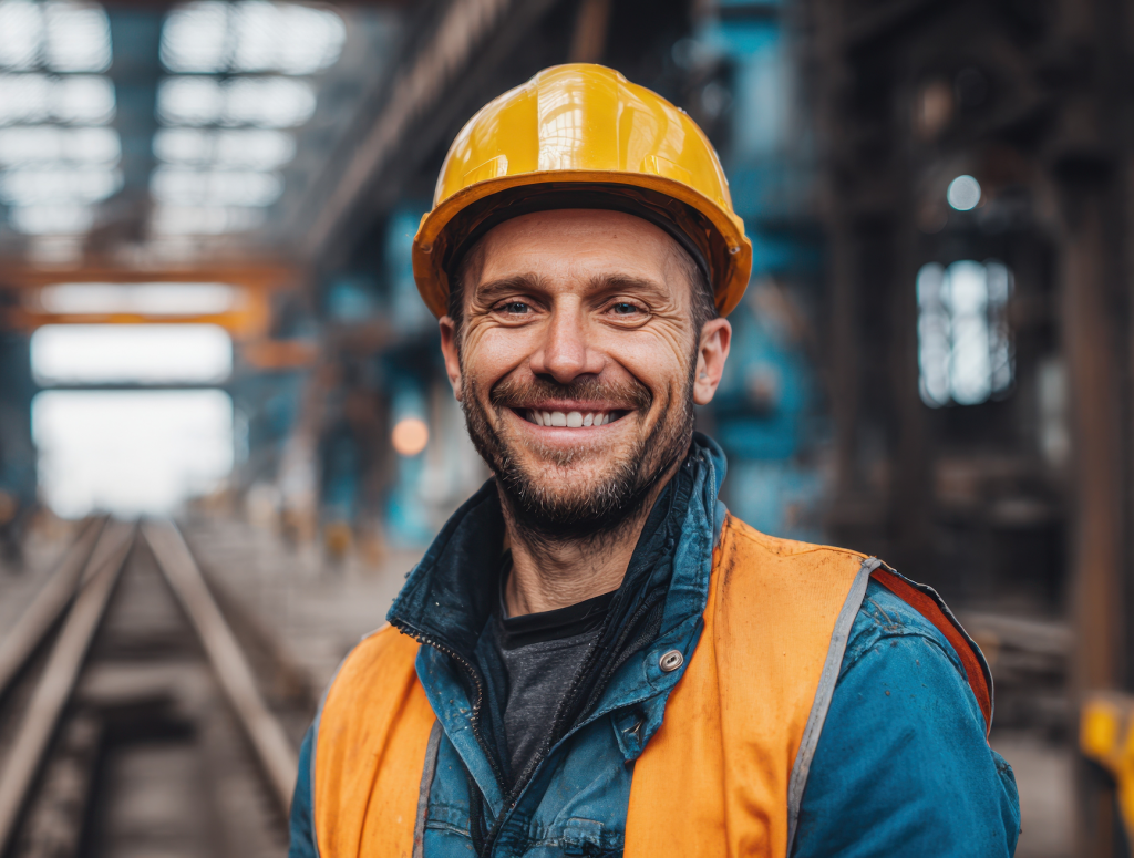 Ein Mann mit Bauhelm steht in einem Bahnhof vor Gleisen