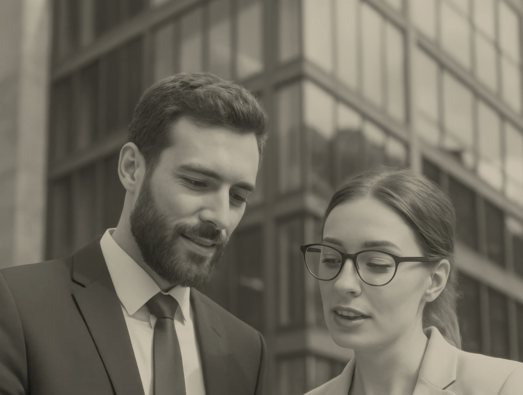 Ein Mann und eine Frau schauen zusammen in ein Tablet