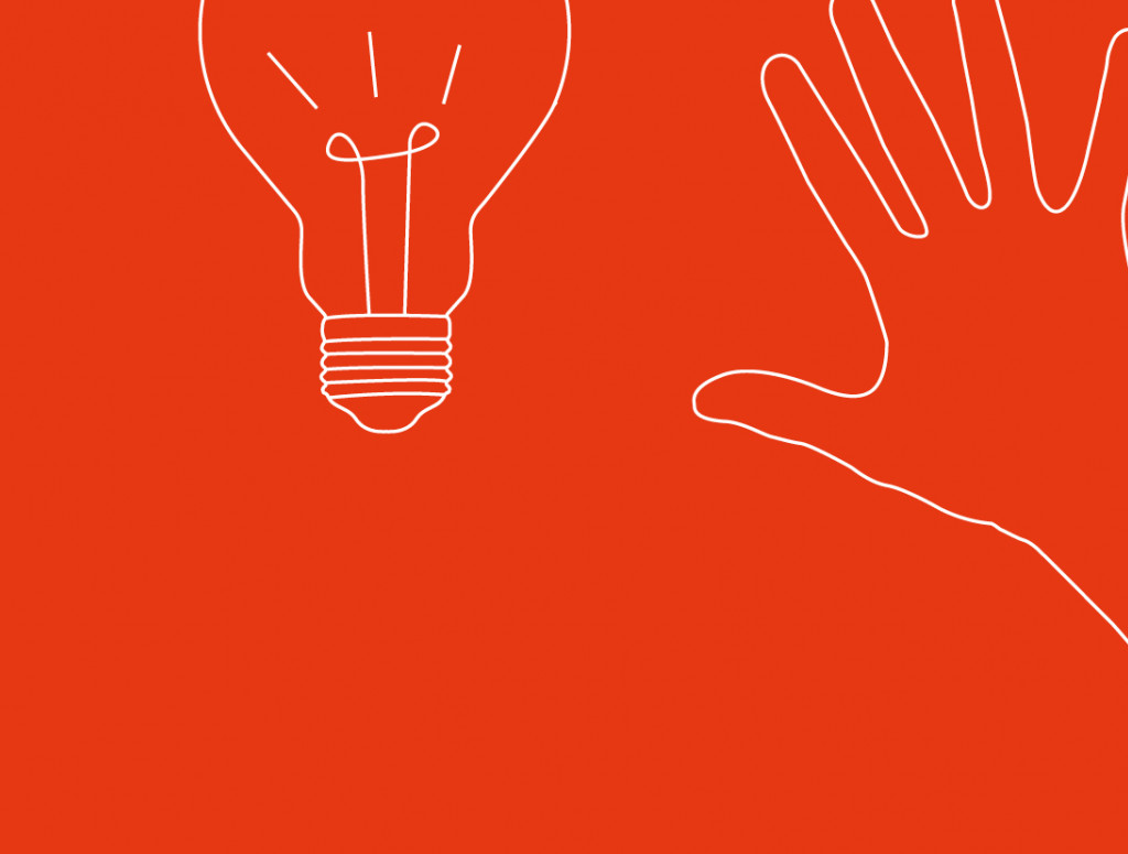 Gezeichnete Hand und Glühbirne auf rotem Hintergrund