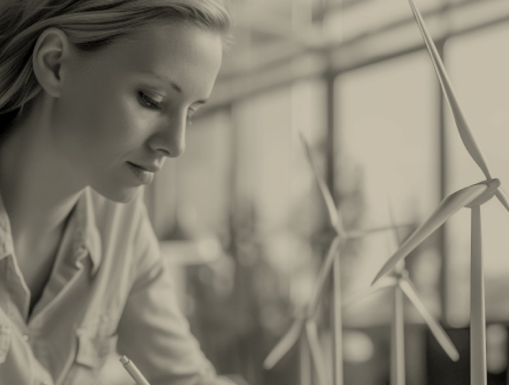 Frau sitzt an einem Schreibtisch, im Hintergrund Miniatur-Windräder