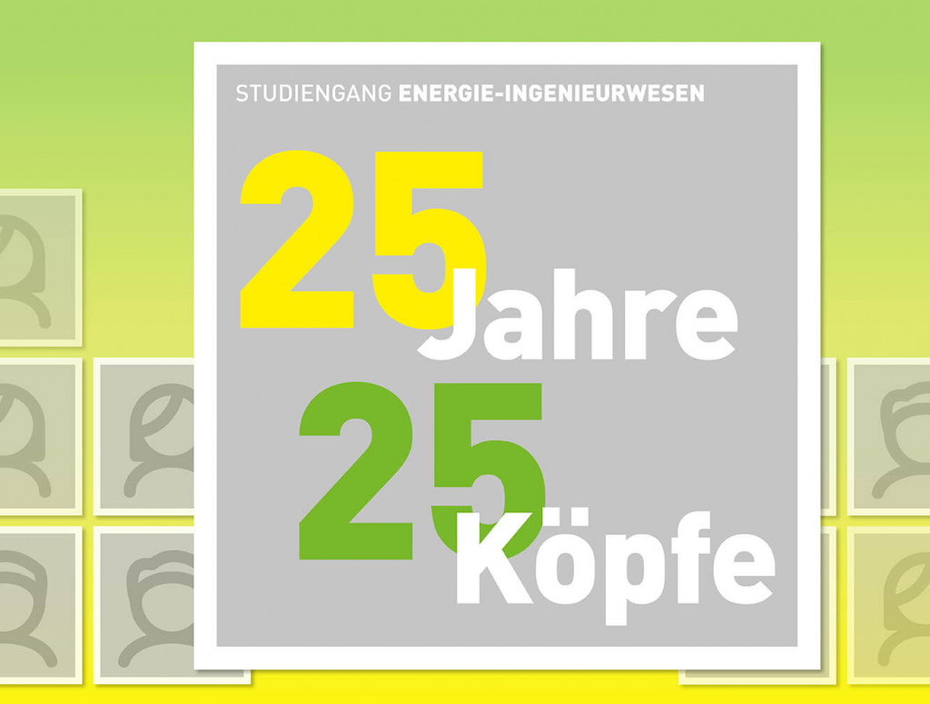 Graue Kacheln auf grün-gelbem Hintergrund mit großer Kachel und Schriftzug 25 Jahre 25 Köpfe in der Mitte