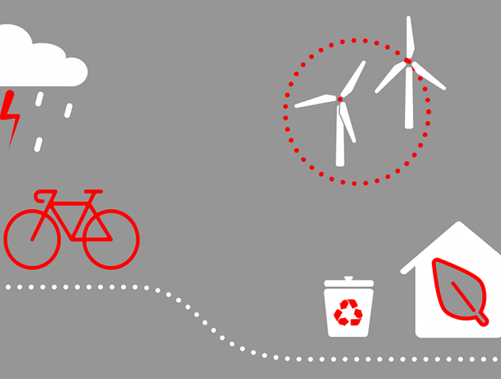 Grafik mit Fahrrad, Wolke und Windrad