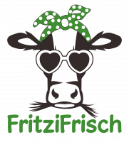 Comic Kuh mit grüner Schrift &quot;Fritzi Frisch&quot;