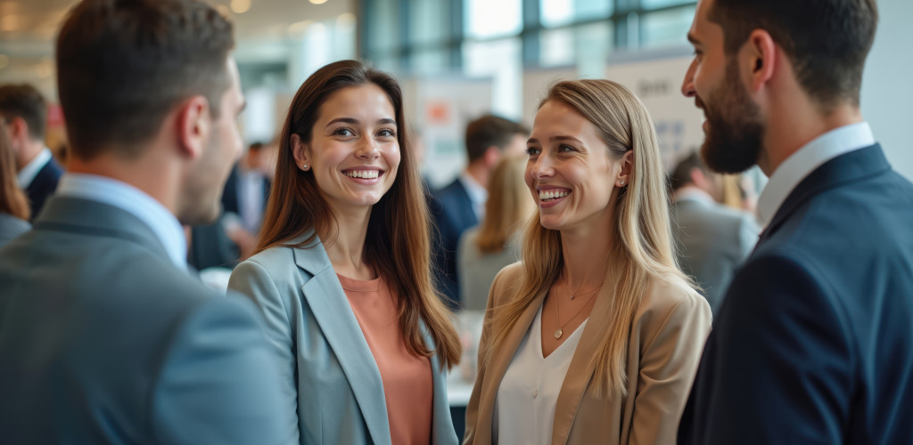 2 lächelnde Frauen, die nebeneinander stehen. Ihnen gegenüber stehen zwei Männer, von denen jedoch nur der Rücken zu erkennen ist.