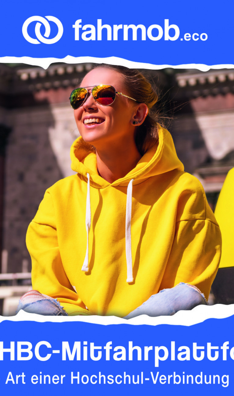 Werbung für Fahrmob: Frau in gelbem Pulli vor gelbem Auto