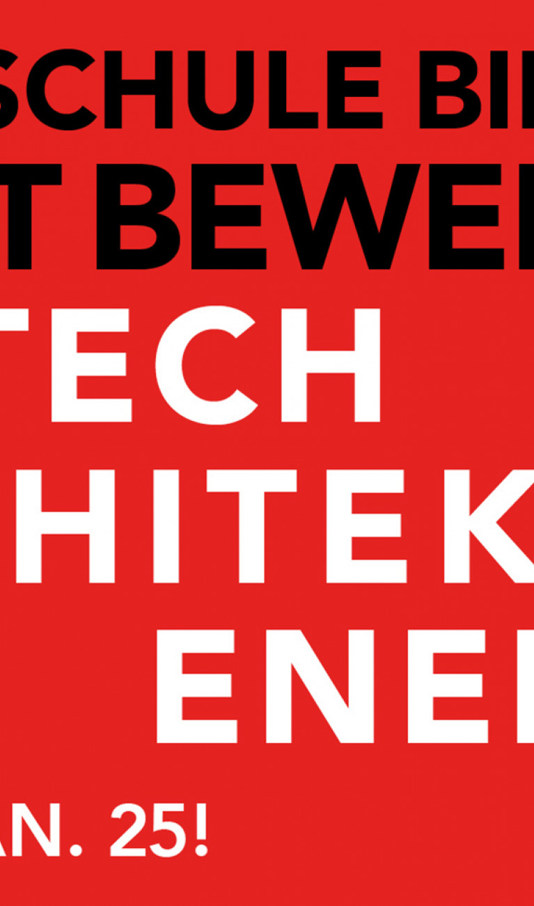 Rote Kachel mit weißer und schwarzer Schrift: Hochschule Biberach, Jetzt bewerben