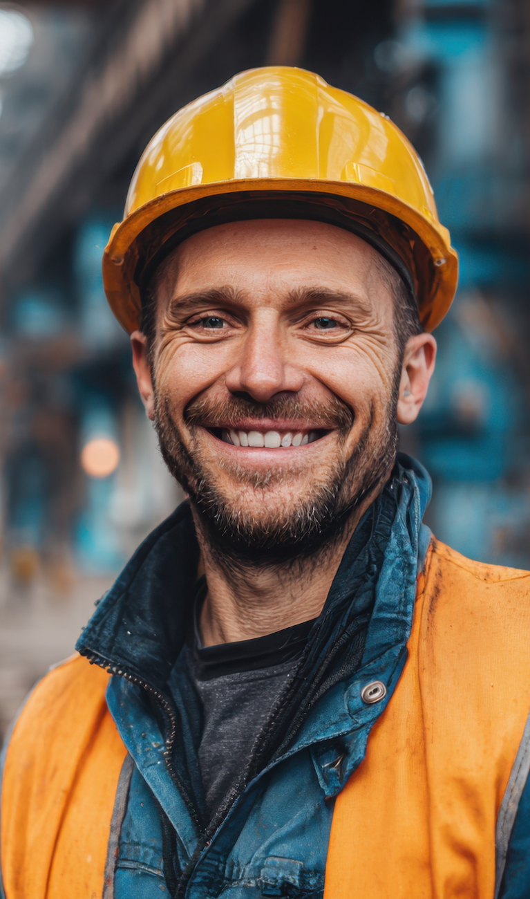 Ein Mann mit Bauhelm steht in einem Bahnhof vor Gleisen