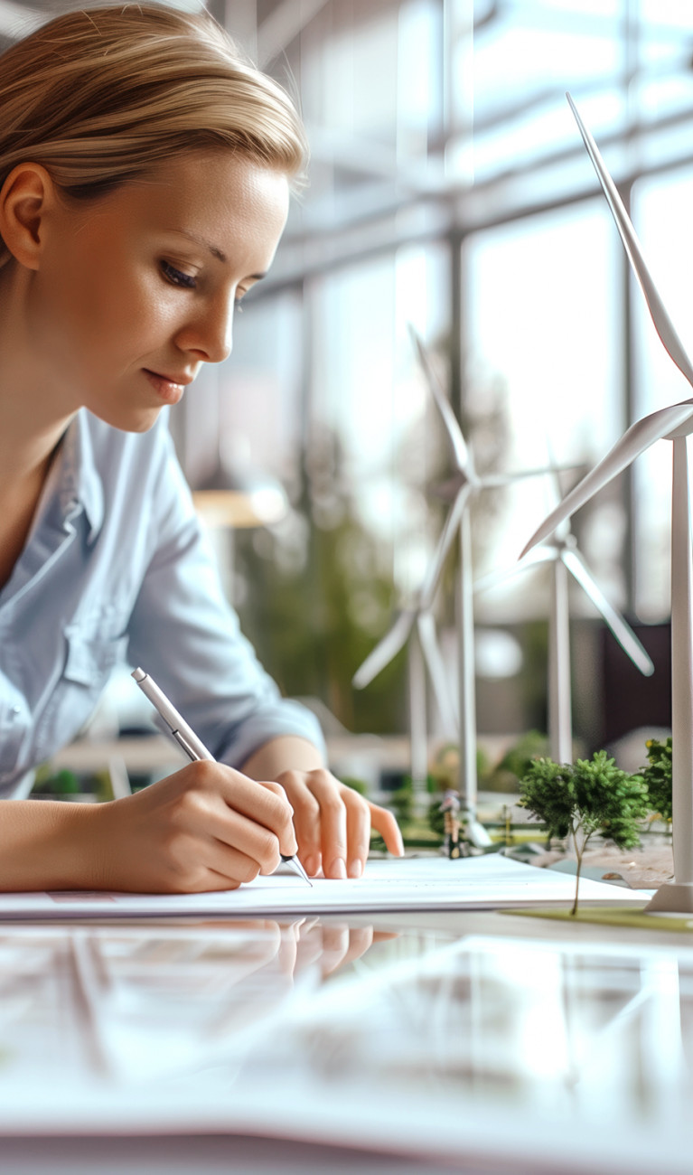 Frau sitzt an einem Schreibtisch, im Hintergrund Miniatur-Windräder