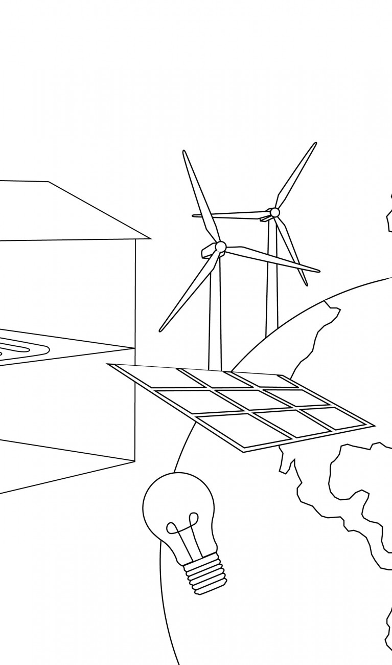 schwarz gezeichnete Icons zum Thema Energiewende und Klimaschutz