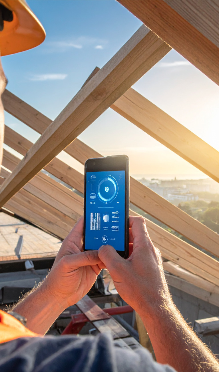 Bauarbeiter hält auf Baustelle Handy in der Hand