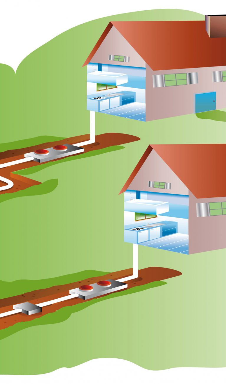 Grafik mit zwei Häusern und einer Erdwärmesone