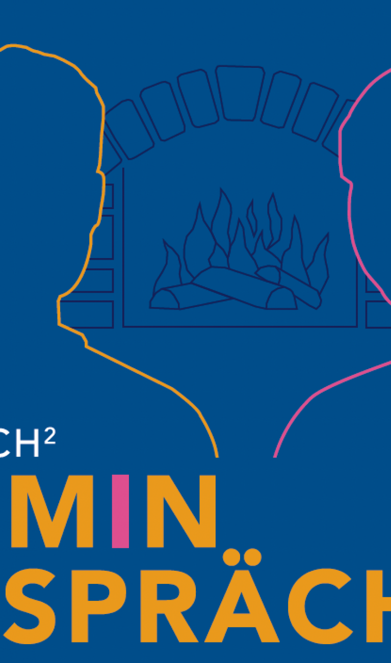 Blaue Grafik mit bunten Personen 