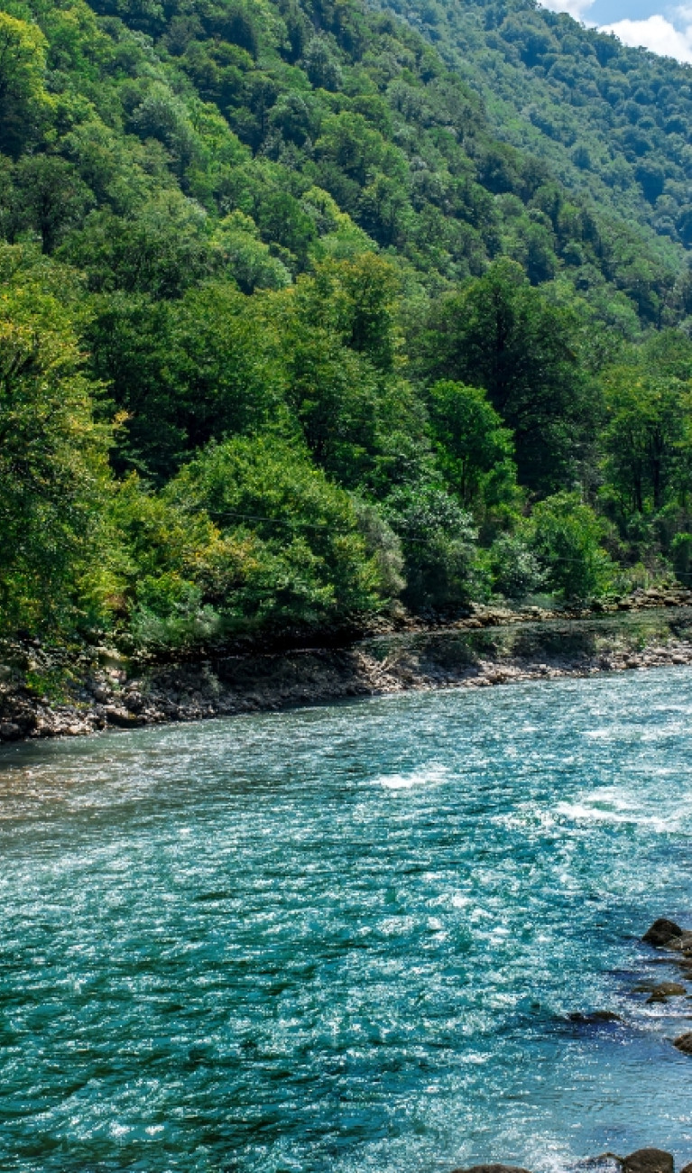 Ein klarer Fluss fließt durch eine Berglandschaft