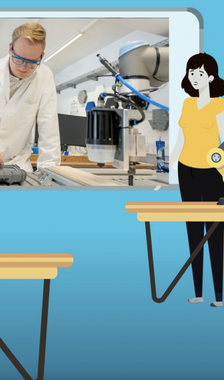 Cartoon mit drei Personen, die in einem Labor sitzen