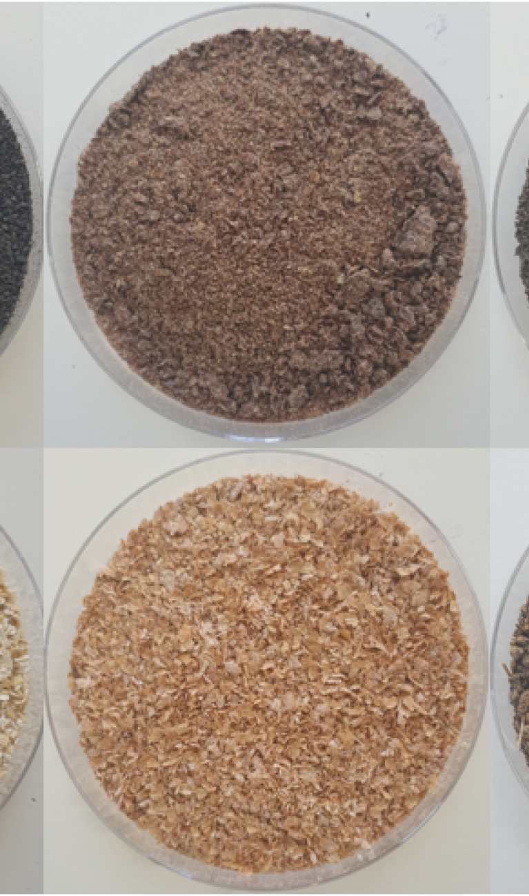 Sechs Dosen mit verschiedenen Inhalten