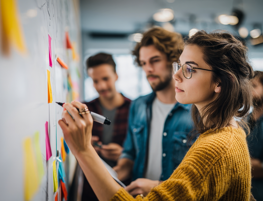Studierende im legerem casual Look stehen mit Stift vor einem Whiteboard mit vielen bunten Post-its