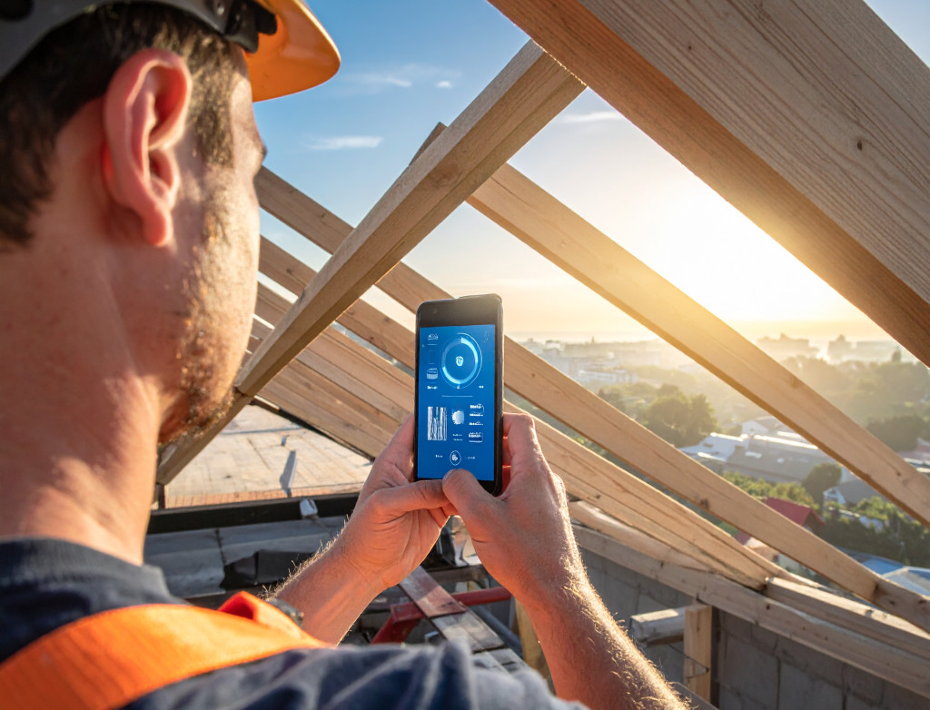 Bauarbeiter hält auf Baustelle Handy in der Hand