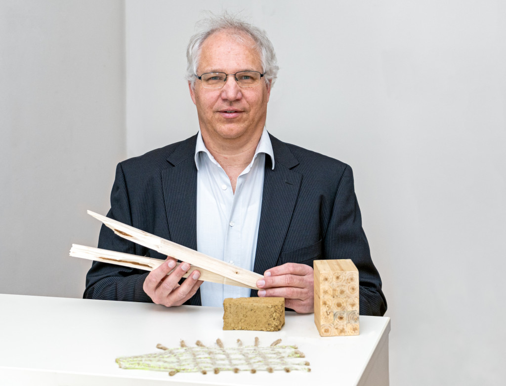 Mann im Anzug steht vor einer weißen Wand und hält Holz in der Hand