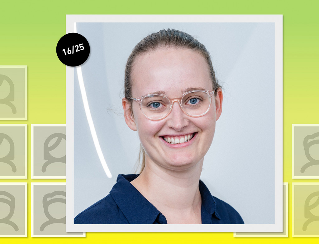 Frau im Porträt vor grün-gelbem Hintergrund