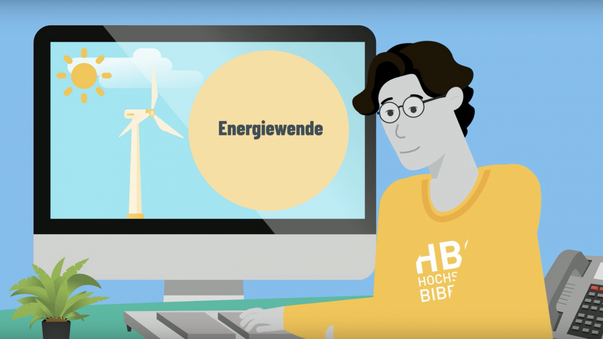 Comic: Junger Mann sitzt an Computer, der ein Windrad und den Schriftzug &quot;Energiewende&quot; zeigt.