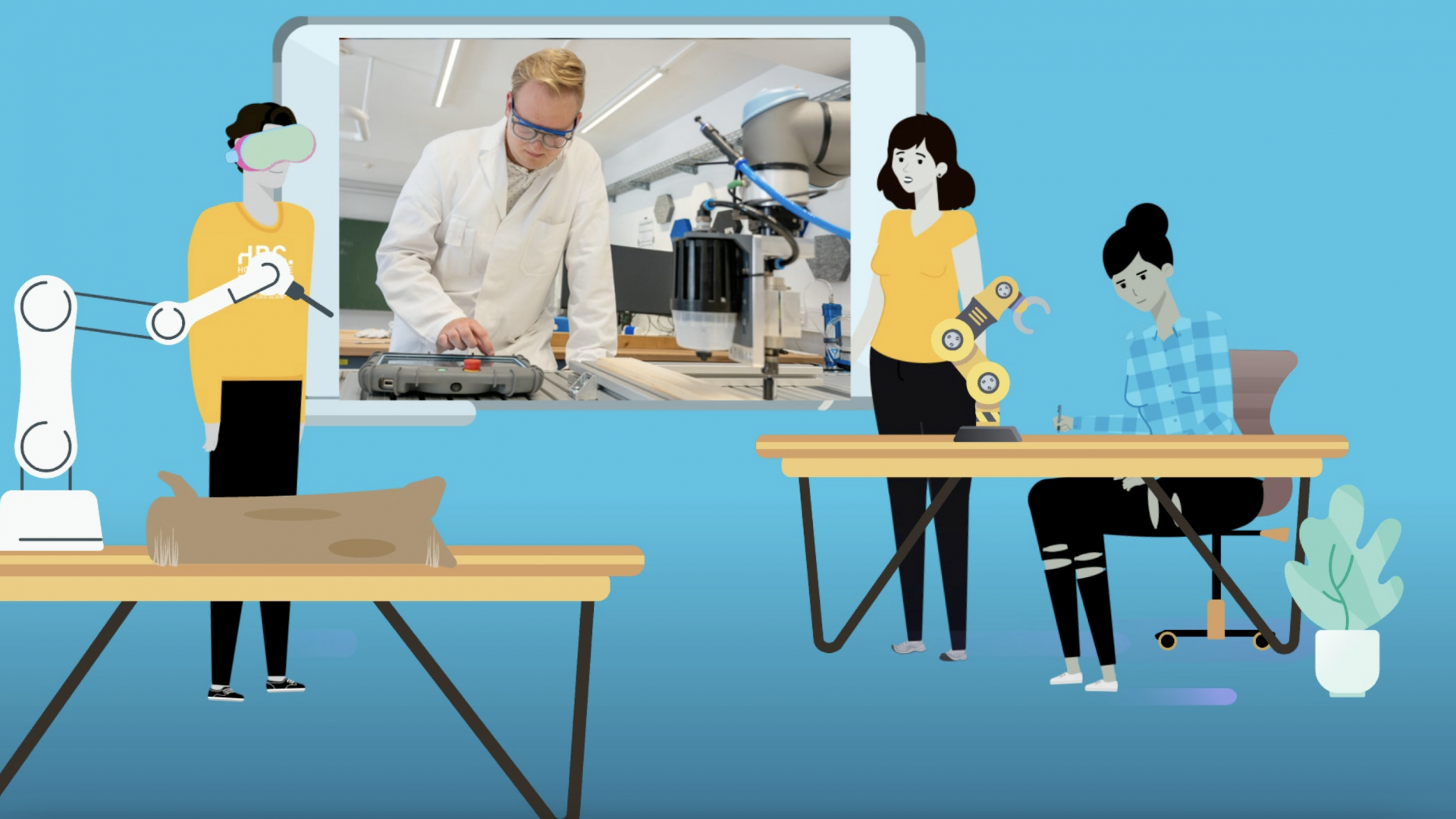 Cartoon mit drei Personen, die vor einem blauen Hintergrund arbeiten